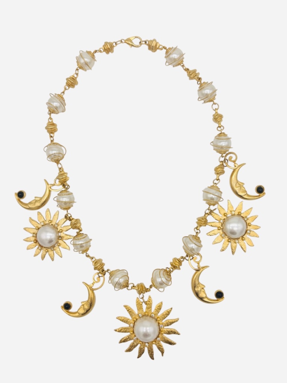 Signed Craft Vintage 80s Matte Gold Sun, Moon and Stars Celestial Charm Necklace - Picture 1 of 9